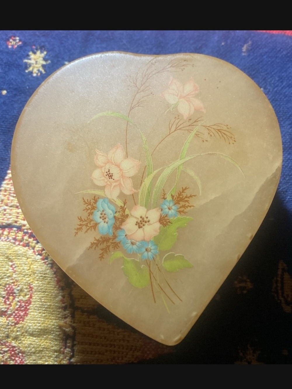 Genuine Alabaster Hand Carved Floral Heart Shaped Trinket Box Vintage